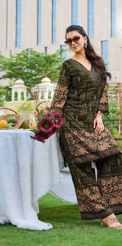 Olive Green Floral Discharge Rayon Co-ord Set