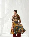 Mustard & Maroon Kalamkari Floral Flared Crepe Kurta Set