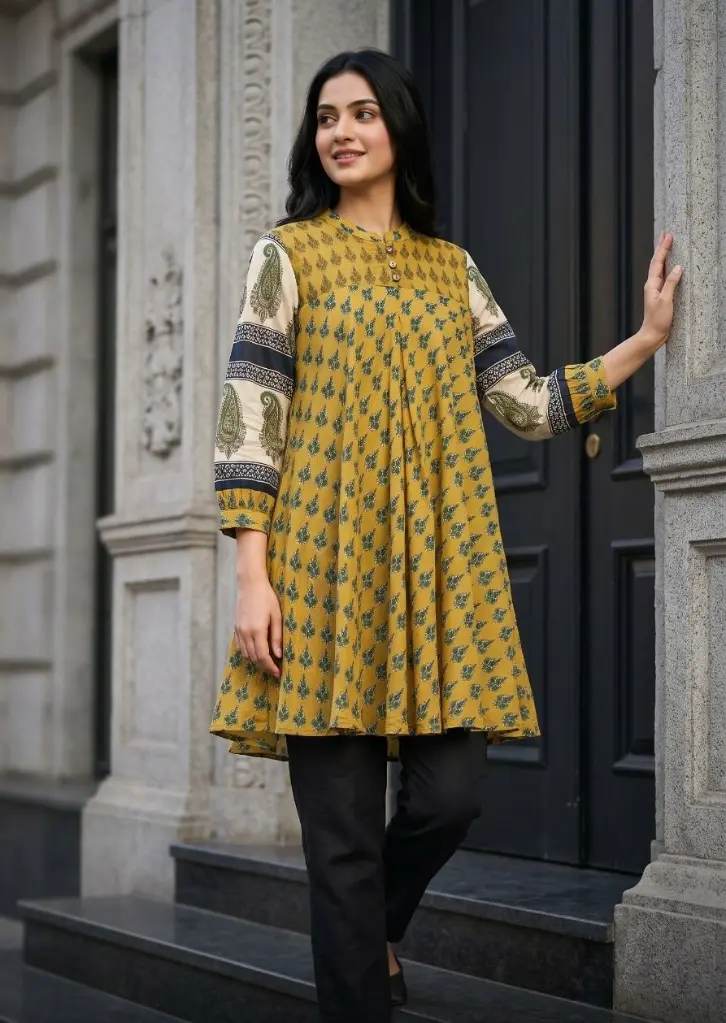 Mustard Yellow Leaf Print Pure Muslin Tunic