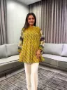 Mustard Yellow Leaf Print Pure Muslin Tunic