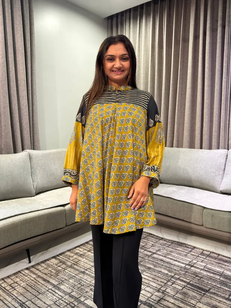 Mustard Yellow Geometric Ajrakh Print Pure Muslin Tunic
