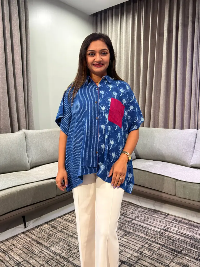 Indigo Blue Hand Block Indigo Stripe & Floral Kaftan Shirt Top