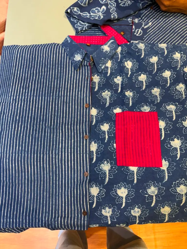 Indigo Blue Hand Block Indigo Stripe & Floral Kaftan Shirt Top