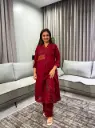 Maroon Red Geometric Kantha Embroidered Flex Cotton Kurta Set
