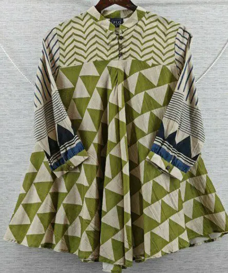 Olive Green & Cream Geometric Triangle Print Pure Muslin Tunic