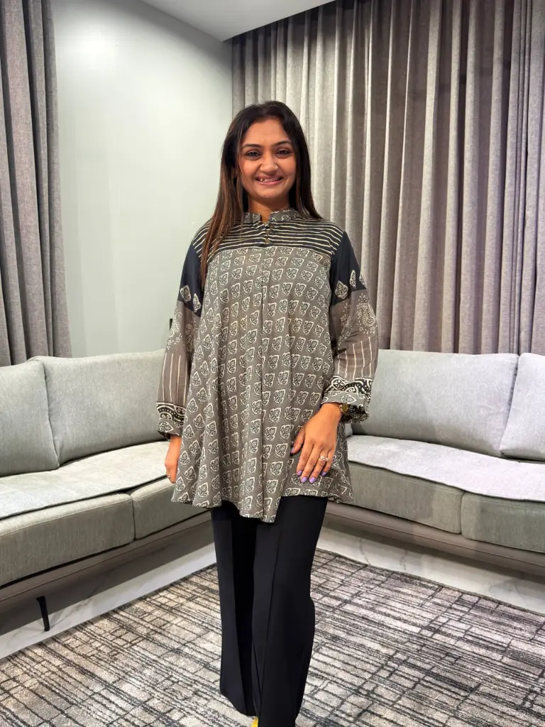 Charcoal Grey Leaf Print Pure Muslin Tunic