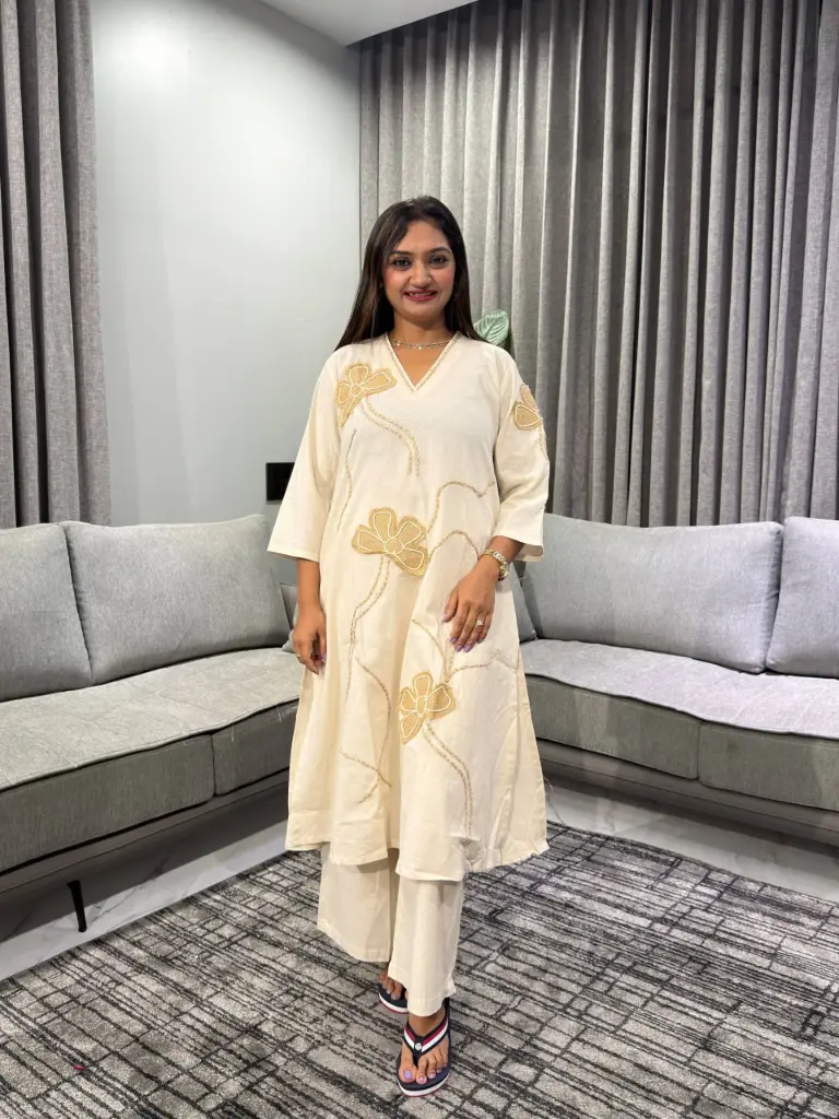 Premium Ivory Floral Embroidered Flex Cotton Kurta Set
