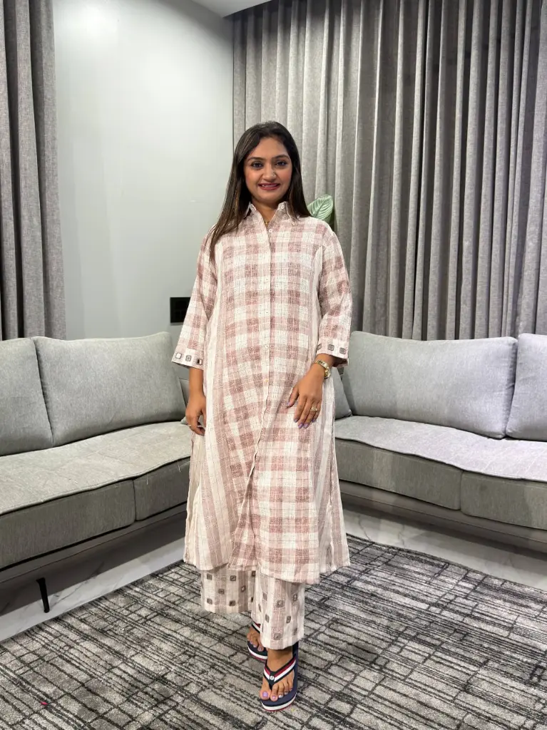 Taupe & Off-White Checked Handloom Cotton Shirt Kurta Set