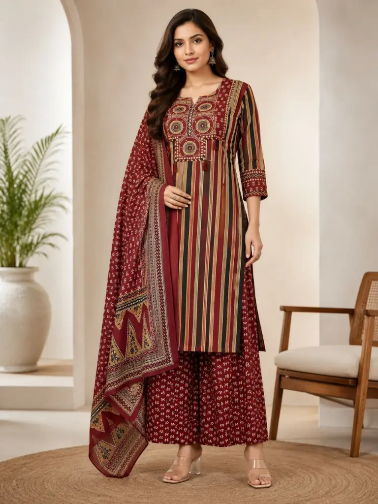 Royal Maroon Printed Cotton 3-piece Set