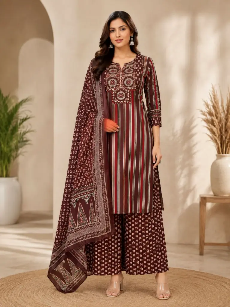 Maroon Heritage Stripe Pure Cotton 3-Piece Set