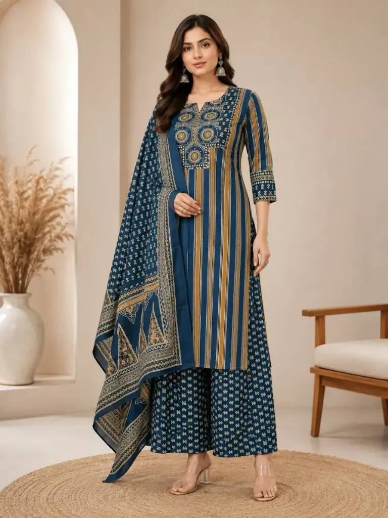 Indigo Heritage Stripe Pure Cotton 3-Piece Set