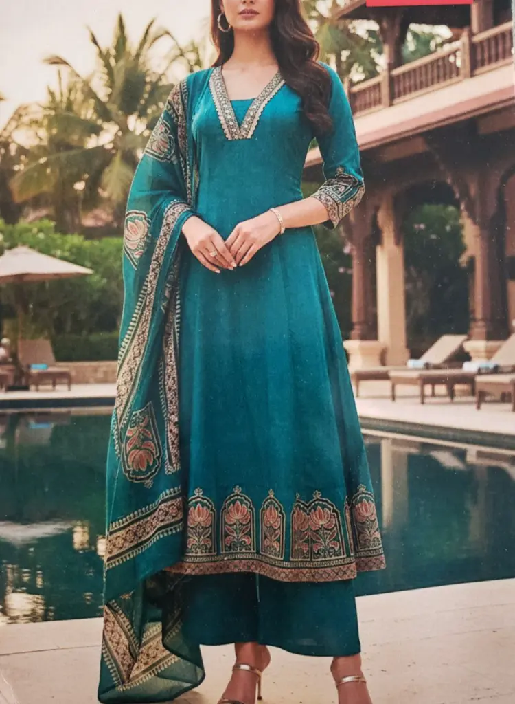 Teal Floral Heritage Pure Cotton 3-Piece Kurta Set