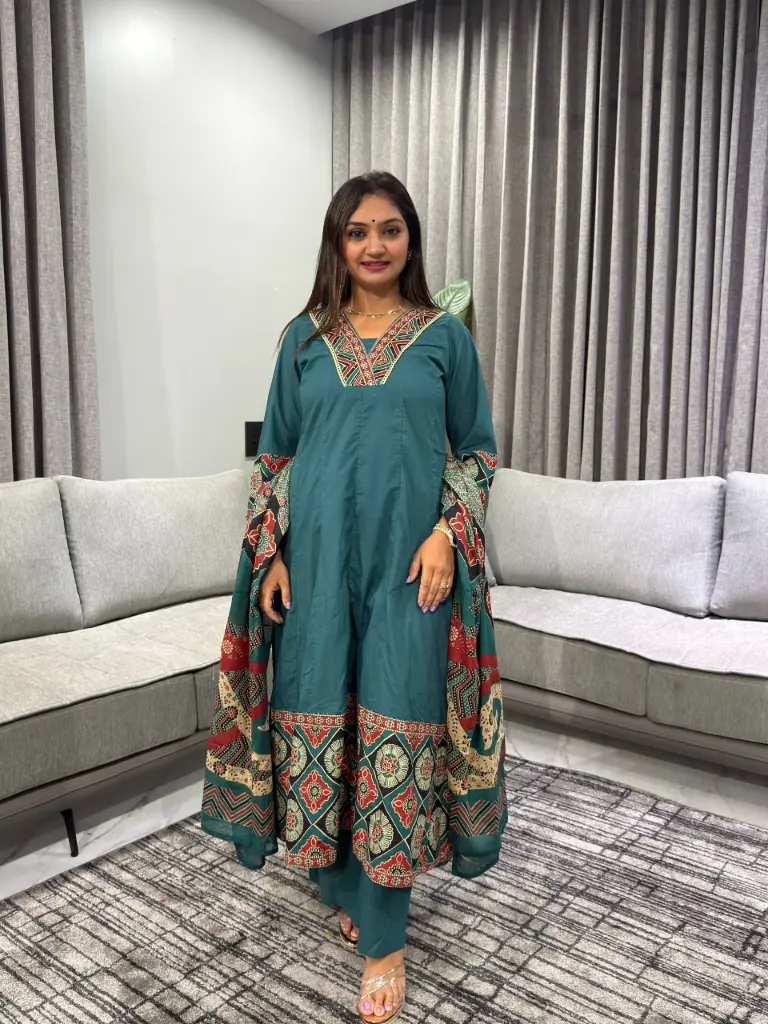 Teal Heritage Print Pure Cotton 3-Piece Kurta Set