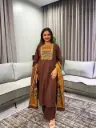 Chocolate Brown Geometric Printed Yoke Pure Cotton Kurta Set