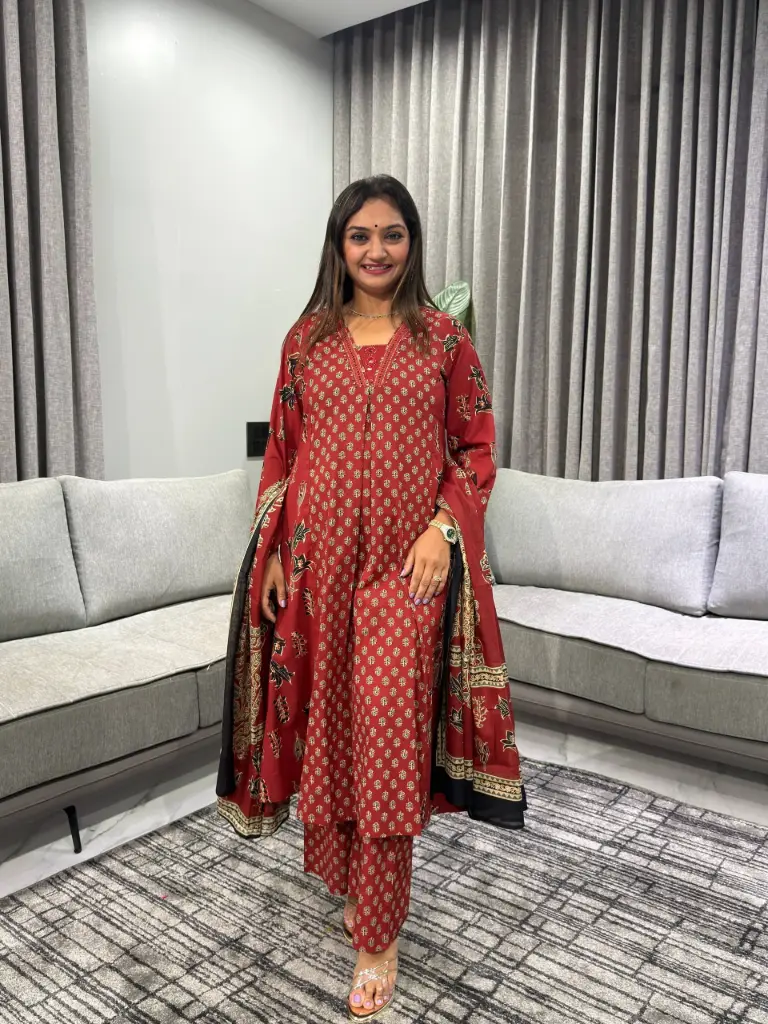 Brick Red Kalamkari Floral Block Print Pure Cotton Kurta Set