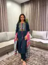 Teal Green Embroidered Yoke Kurta Set with Pink Gazzi Silk Dupatta