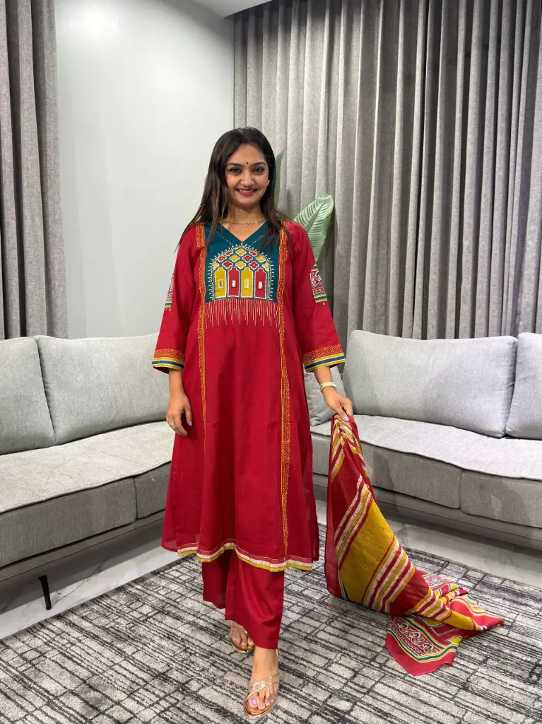 Crimson Red Embroidered Arch Yoke Pure Cotton Kurta Set
