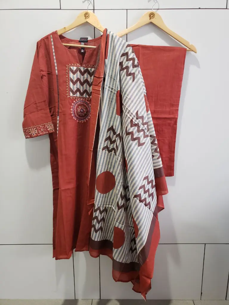 Rust Orange Embroidered Yoke Pure Cotton Kurta Set
