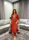 Rust Orange Embroidered Yoke Pure Cotton Kurta Set