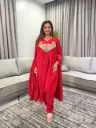 Cherry Red Hand-Worked Patch Yoke Banarasi Mull Chanderi Anarkali Set