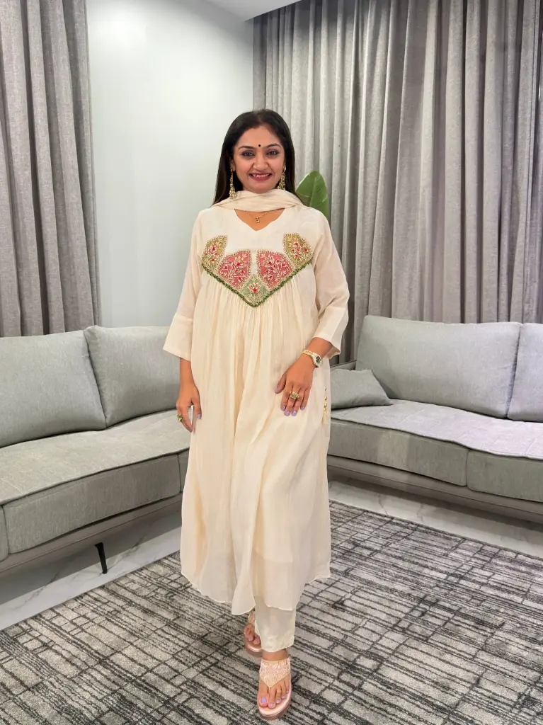 Off-White Hand-Worked Patch Yoke Banarasi Mull Chanderi Anarkali Set