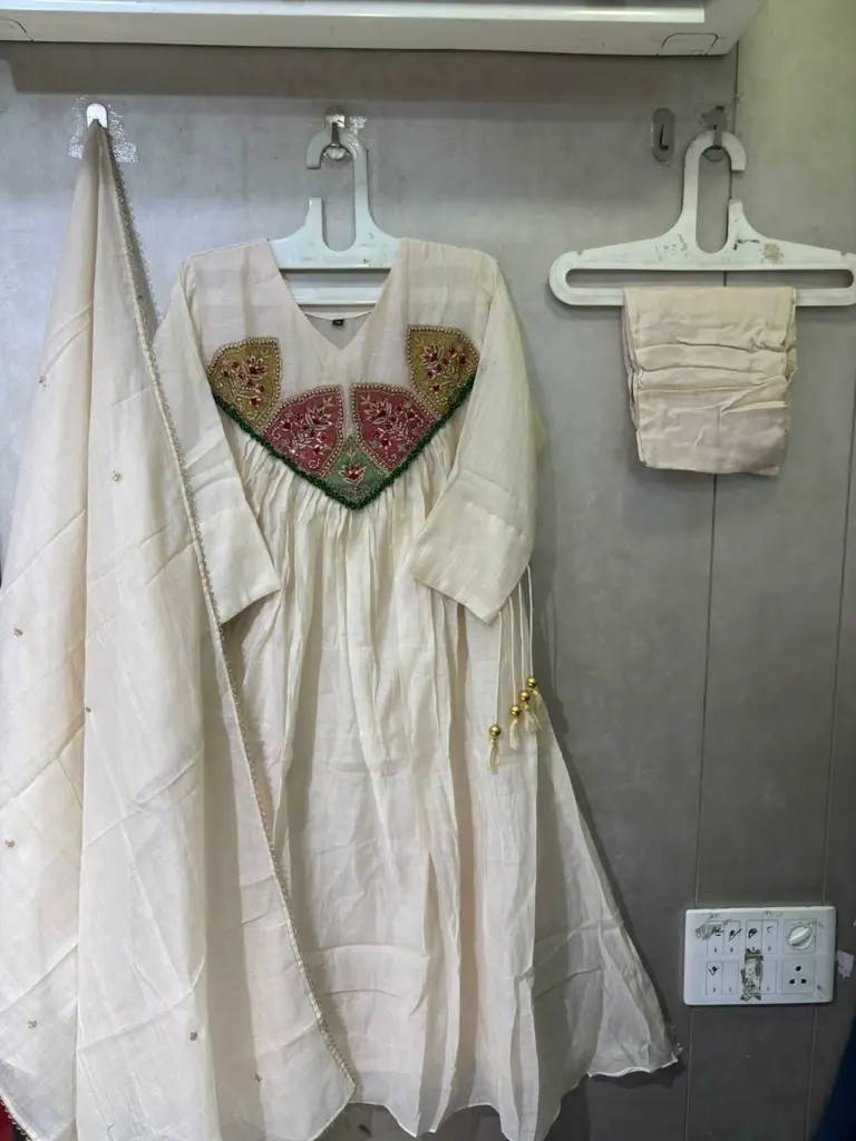 Off-White Hand-Worked Patch Yoke Banarasi Mull Chanderi Anarkali Set