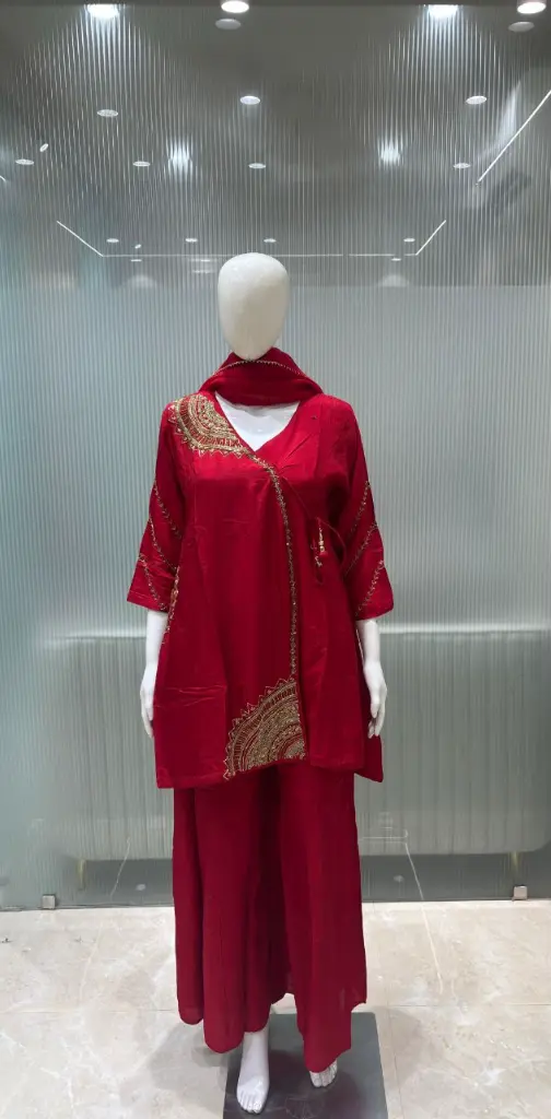 Ruby Red Hand-Worked Angrakha Premium Dola Silk Set