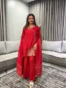 Ruby Red Hand-Worked Angrakha Premium Dola Silk Set