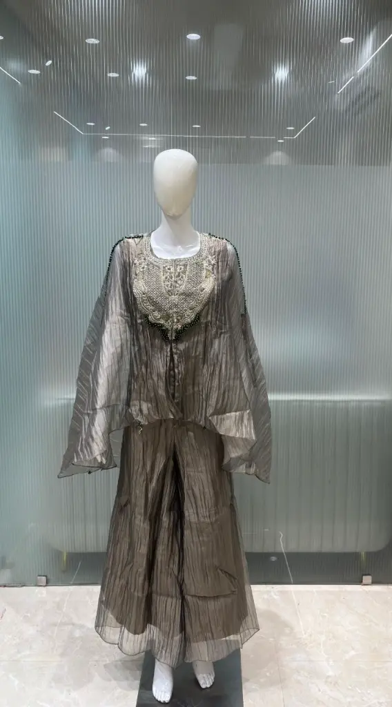 Charcoal Grey Hand-Worked Festive Silk Cape Top Set