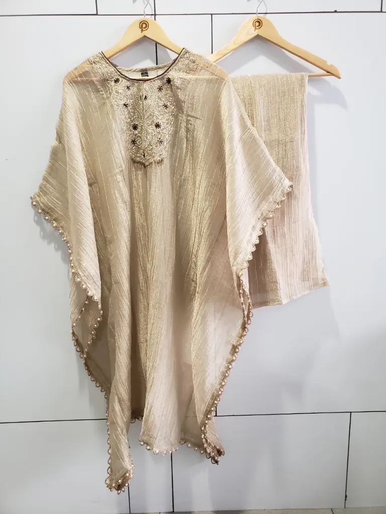 Champagne Pearl Handwork Glass Tissue Kaftan Set