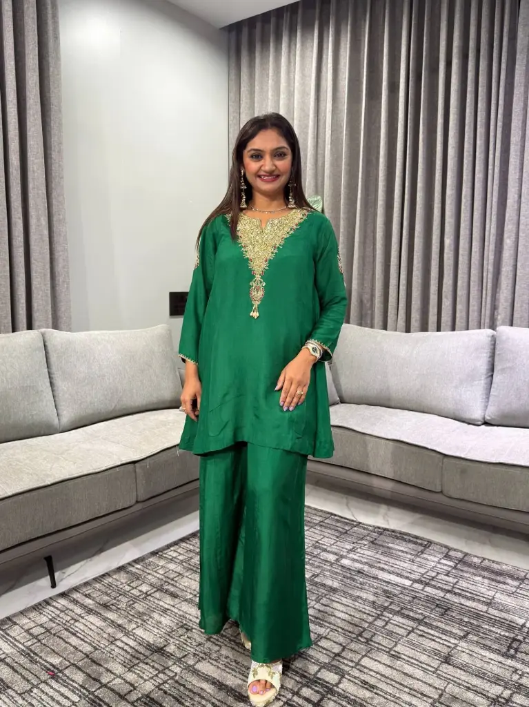 Emerald Green Hand-Worked Short Kurta Sharara Set