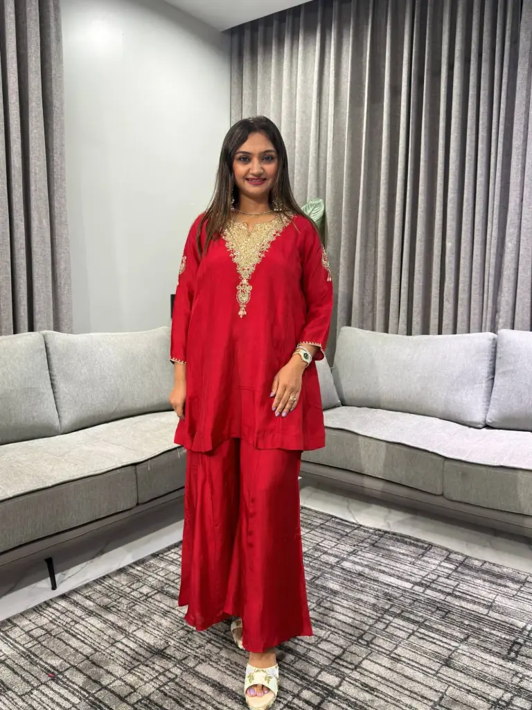 Ruby Red Hand-Worked Short Kurta Sharara Set
