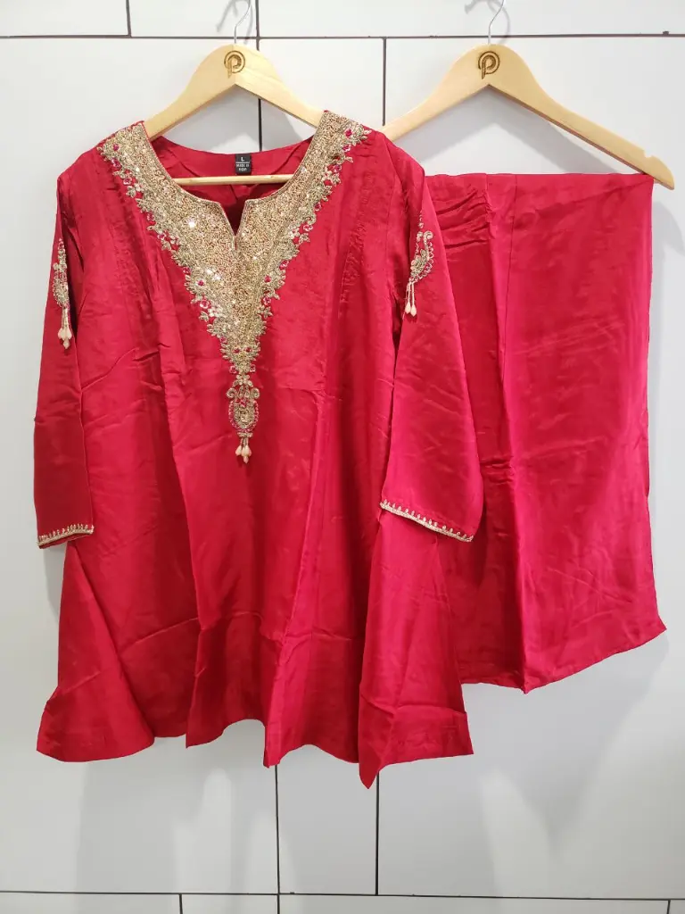 Ruby Red Hand-Worked Short Kurta Sharara Set