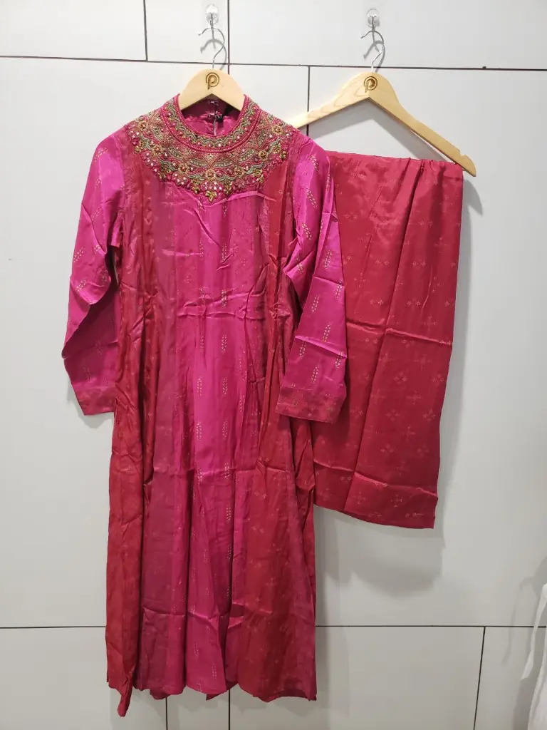 Magenta Pink Hand-Worked Round Neck Dola Silk Kurta Set