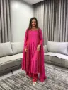 Magenta Pink Hand-Worked Round Neck Dola Silk Kurta Set