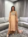 Dusted Mocha Hand-Worked V-Neck Dola Silk Kurta Set