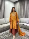 Mustard Rust Hand-Worked Round Neck Dola Silk Kurta Set