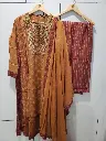Mustard Rust Hand-Worked Round Neck Dola Silk Kurta Set