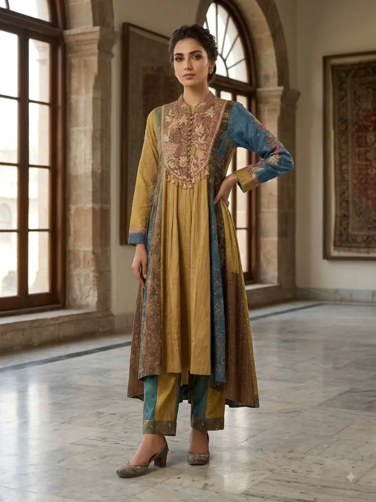 Olive & Blue Multi-Panel Hand-Worked Dola Silk Kurta Set