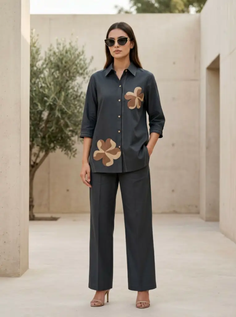 Charcoal Grey Floral Applique Pure Cotton Shirt & Palazzo Co-Ord Set
