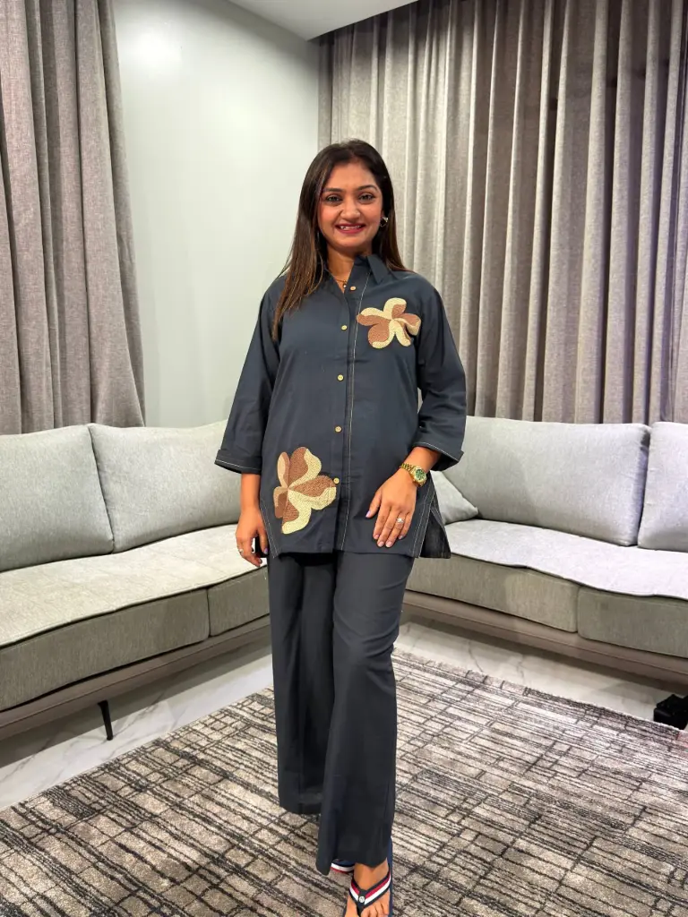 Charcoal Grey Floral Applique Pure Cotton Shirt & Palazzo Co-Ord Set