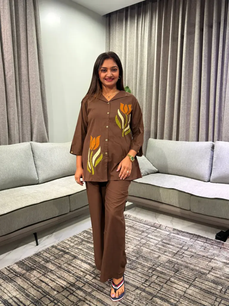 Mocha Brown Tulip Applique Pure Cotton Co-Ord Set