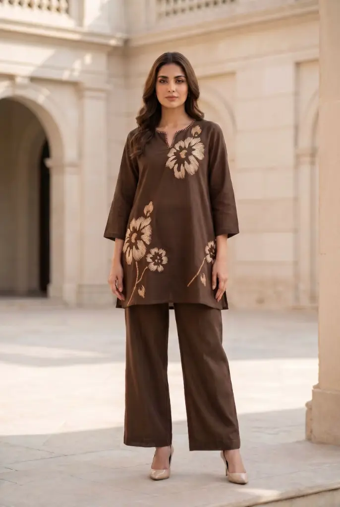 Espresso Brown Floral Embroidered Pure Cotton Co-Ord Set