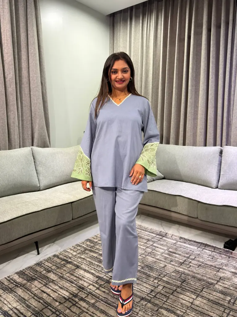 Slate Blue Embroidered Sleeve Pure Cotton Co-Ord Set