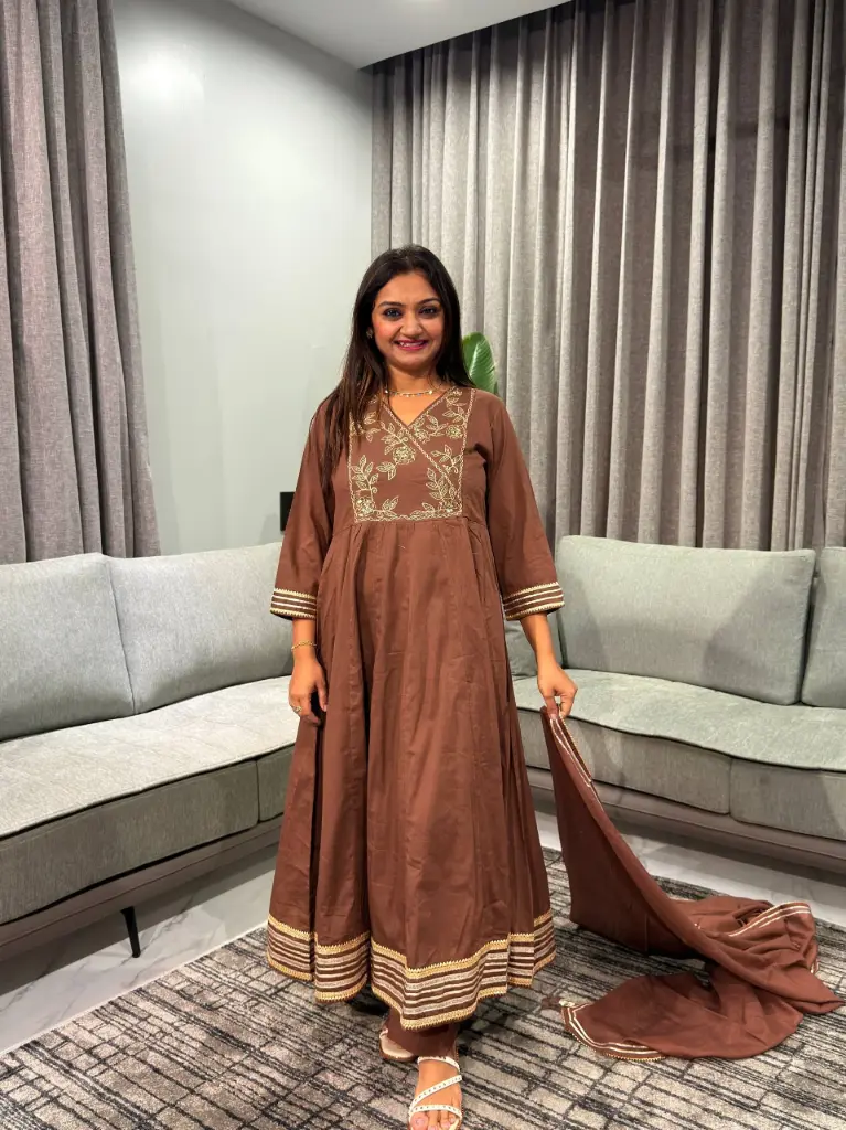 Chocolate Brown Embroidered Flared Anarkali Cotton Kurta Set