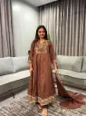 Chocolate Brown Embroidered Flared Anarkali Cotton Kurta Set
