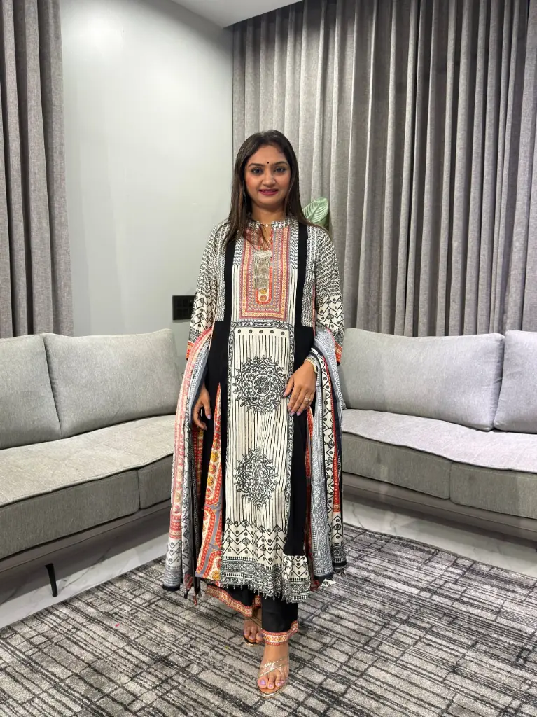 Off-White & Black Heritage Print Natural Crepe Anarkali Set