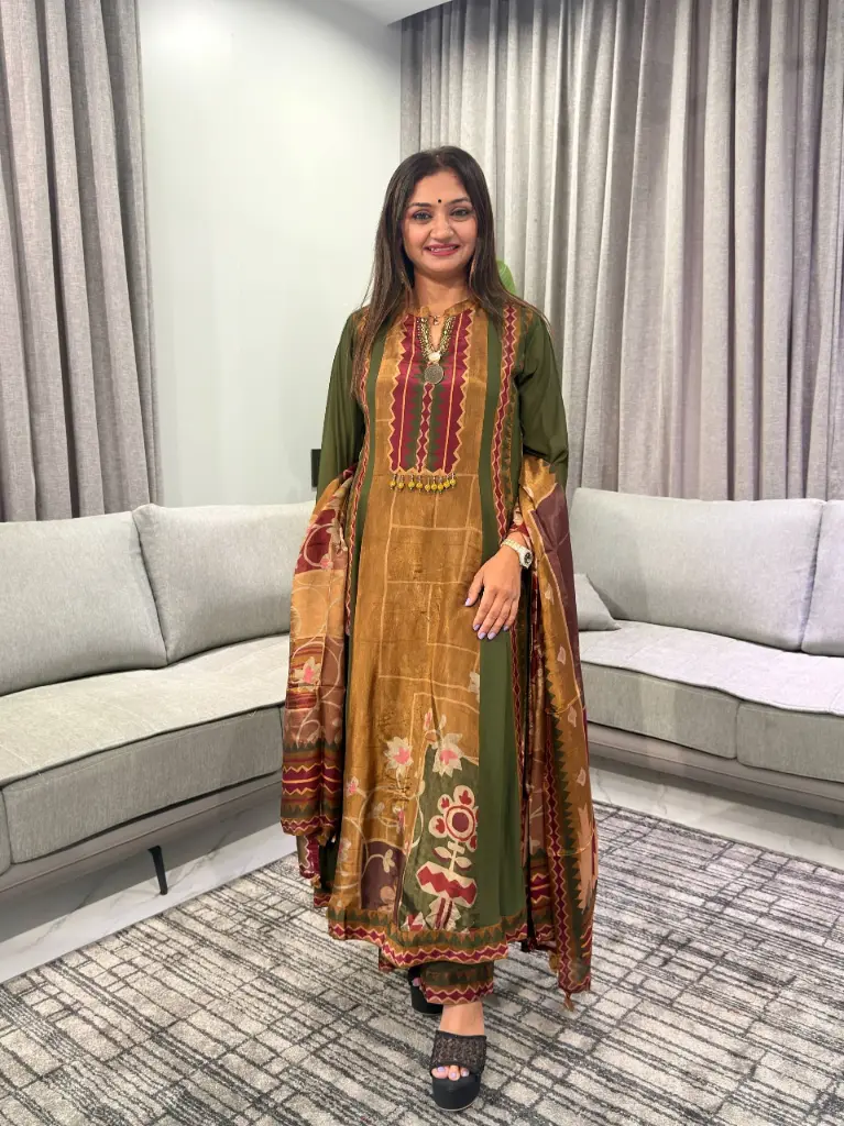 Olive Green & Ochre Heritage Print Natural Crepe Anarkali Set