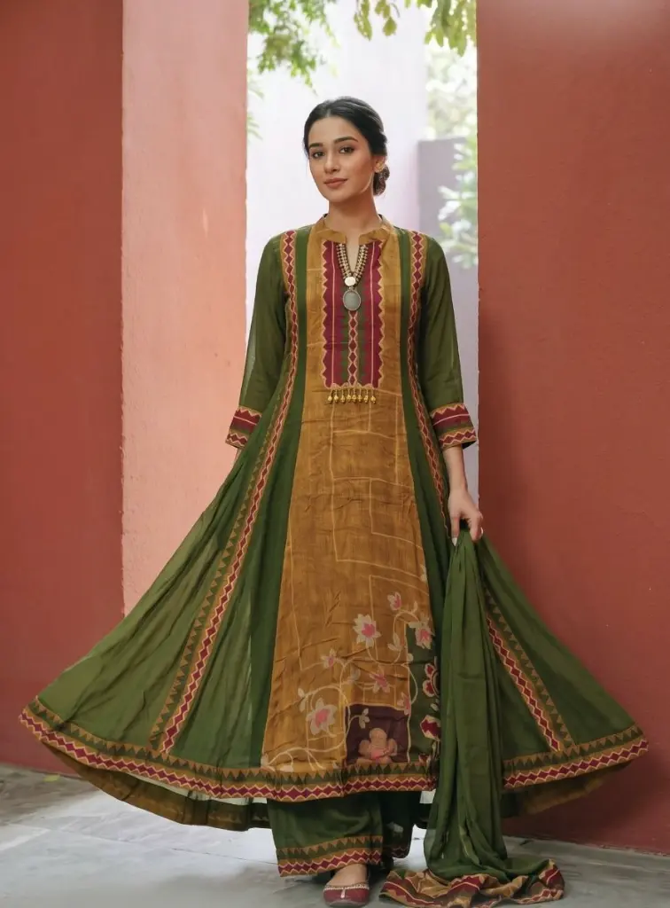 Olive Green & Ochre Heritage Print Natural Crepe Anarkali Set