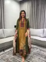 Olive Green & Ochre Heritage Print Natural Crepe Anarkali Set